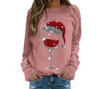 Weihnachtspullover Damen Große Größen Lustig Weihnachts Sweatshirt Glitzer Rotweinglas Weihnachtspulli Oversized Rundhals Langarm Weihnachten Pullover Ugly Christmas Oberteile Frauen Xmas Pulli Tops