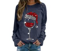 Weihnachtspullover Damen Große Größen Lustig Weihnachts Sweatshirt Glitzer Rotweinglas Weihnachtspulli Oversized Rundhals Langarm Weihnachten Pullover Ugly Christmas Oberteile Frauen Xmas Pulli Tops