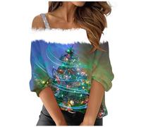 Weihnachtspullover Damen Kleider Weihnachten Tshirt Bedrucken Lassen 3D Druck Plüsch Schulterfrei Langarm Pullover Mit Schulterriemen Mädchen Christmas Oberteile T Shirt Schwarz