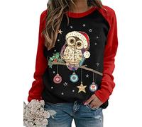 Weihnachtspullover Damen Langarmshirt - Pullover Weihnachten Sweatshirt T-Shirt Langarm Weihnachtsshirt mit Eule Weihnachtsmotiv Weihnachts Oberteile Bluse Tops für Frauen Teenager Mädchen