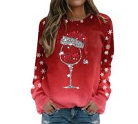 Weihnachtspullover Damen Lustig Baumwolle Langarm Sweatshirt Damen Weihnachts Glitzer Pullover Weihnachtsoutfit Elegant Langarmshirt Weihnachtspulli Oberteile Tops Für Frauen Mädchen (Red, L)