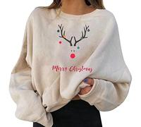 Weihnachtspullover Damen Lustig Weihnachtspulli Weihnachten Sweatshirt Warmes Print Langarmshirt Drucken Bluse Christmas Sweater Oberteils (02-Beige, M)