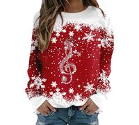 Weihnachtspullover Damen - Merry Christmas Sweater Baumwolle Lustig Weihnachts Musiknoten Schneeflocke Muster Xmas Pullover Rundhals Sweatshirt Weihnachtspulli Teenager Mädchen