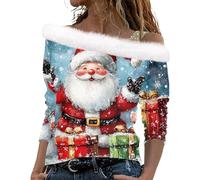 Weihnachtspullover Damen Mit Schulterriemen Xmas Plüsch Schulterfrei Langarm Pullover Off Shoulder Elegant Langarmshirt Herbstpullover Sweatshirt Christmas Winterpullover Sweatshirt(Sky Blue,L)