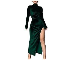 Weihnachtspullover Damen Pullover Damen lang Samt Split Rollkragen Midi Kleid Vintage Slim Fit Langarm Kleid Winter Party Einfarbig Samtkleid (Grün ， M)