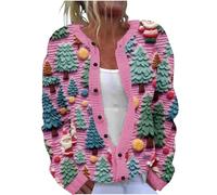 Weihnachtspullover Damen Strickjacke Lustig Weihnachtsmann 3D Druck Weihnachts Sweatshirt Damen Ugly Christmas Sweater Cardigan Mantel mit Knopf Strickjacke V Ausschnitt Sweatjacke Xmas Strickpullis