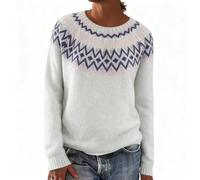 Weihnachtspullover Damen Warme Langarm Norweger Pullover mit Streifen Herbst Winter Gestreifter Sweatshirt Rundhals Casual Oberteile,Weiß,M