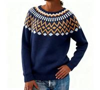 Weihnachtspullover Damen Warme Langarm Norweger Pullover mit Streifen Herbst Winter Gestreifter Sweatshirt Rundhals Casual Oberteile,Blau,XL