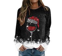 Weihnachtspullover Damen, Weihnachtspullover Damen Lustig Glitzer Rotweinglas Sweatshirt Weihnachten Pullover Langarm Rundhals Weihnachtspulli Christmas Xmas Langarmshirt Pulli Oberteile