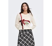 Weihnachtspullover ONLY "ONLXMAS SHINE MOTIVE LS O-NECK KNT", Damen, Gr. L, weiß (cloud dancer detail:gift, true r, schwarz g, gold, sequins), Strick, Obermaterial: 100% Polyacryl, Glitzermuster, gemu