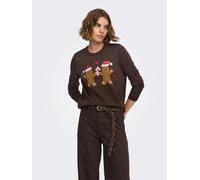 Weihnachtspullover ONLY "ONLXMAS SHINE MOTIVE LS O-NECK KNT", Damen, Gr. XL, braun (coffee bean detail:gingerbread, foxrot, cd, true r sequins), Strick, Obermaterial: 100% Polyacryl, Glitzermuster, ge