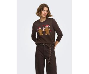 Weihnachtspullover ONLY "ONLXMAS SHINE MOTIVE LS O-NECK KNT", Damen, Gr. XL, braun (coffee bean detail:gingerbread, foxrot, cd, true r sequins), Strick, Obermaterial: 100% Polyacryl, Glitzermuster, ge
