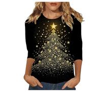 Weihnachtsshirt Damen 3/4 Arm Elegant Weihnachts Tshirt Weihnachtsbluse Bluse Weihnachten Oberteil Christmas T Shirt Lustig Langarmshirt Weihnachtspullover Frauen Weihnachtsoutfit S-3XL