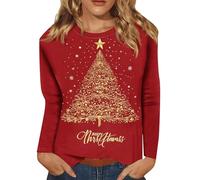Weihnachtsshirt Damen 3/4 Arm Rundhals Weihnachts Tshirt Glitzer Weihnachtspullover Elegant Christmas Shirt Baumwolle Weihnachtspulli Herbst Langarmshirt
