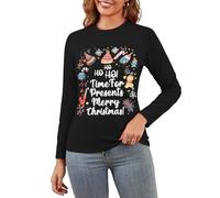 Weihnachtsshirt Damen Langarm Weihnachtspullover Merry Christmas Druck - Lustige Langarmshirts, Geschenke für Frauen, Funny Tshirt, Langarm, Rundhals, Schwarz, XXL