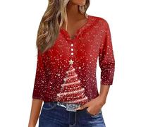 Weihnachtsshirt Damen V Ausschnitt Shirt 3/4 Arm | Günstig Top mit Knopfleiste Oversized Shirt Weihnachten 3/4 Ärmel Weihnachtsmann Hemde Festival Outfit