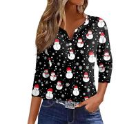 Weihnachtsshirt Damen V Ausschnitt Shirt 3/4 Arm | Günstig Top mit Knopfleiste Oversized Shirt Weihnachten 3/4 Ärmel Weihnachtsmann Hemde Festival Outfit