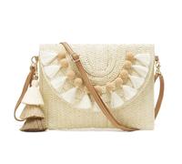 WEIMZC Kleine Stroh-Geldbörse für Damen, Sommer, Clutch, Strand, gewebte Umschlagtasche, Bast, Schultertasche, Stroh, Umhängetasche, Boho-Stil, Bommeln, Beige