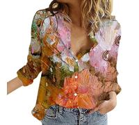 Weises Hemd Damen Damen Hemden Blumendruck Button-Down-Hemd Mode Leichte Langarmbluse Frühling Casual Tops Bluse Damen Kragen (Orange, XL)