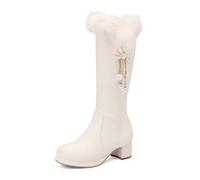 Weiß,40 EU,Kniehohe Stiefel aus Leder und PU für Damen, runde Zehenpartie, Plateau, klobiger Absatz, Overknee-Stiefel mit Schleifen-Accessoires, Reißverschluss, Herbst-Winter-Abendschuhe