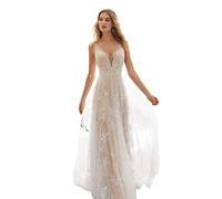 Weiß Hochzeitskleid Damen Lang Brautkleider Elegant Spitze Brautmode RüCkenfrei Abiball Prinzessin Kleider Abendkleider Elegant FüR Hochzeit (Unit: cm