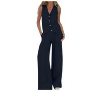 Weiß Hosenanzug Damen Sportlich Zweiteiliger Leichter Elegant Anzug Set Vintage Ärmellos Blazer V-Ausschnitt Weste und Hose 2 Stück Casual Festliche Große Größe Outfit Sets Slim Fit Streetwear