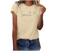 Weiß T-Shirt Damen Sommer Oberteile Rundhals Kurzärmeliges Print Blusen Basic Shirt Bequem Baumwolle Weiss Tunika Tee Tops Schlank Hemd für Frühling Elegant Slim Fit Shirts Lässige (Khaki, XXXL)