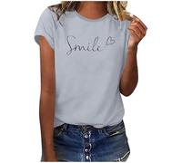 Weiß T-Shirt Damen Sommer Oberteile Rundhals Kurzärmeliges Print Blusen Basic Shirt Bequem Baumwolle Weiss Tunika Tee Tops Schlank Hemd für Frühling Elegant Slim Fit Shirts Lässige Tshirts (Grey, L)