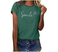 Weiß T-Shirt Damen Sommer Oberteile Rundhals Kurzärmeliges Print Blusen Basic Shirt Bequem Baumwolle Weiss Tunika Tee Tops Schlank Hemd für Frühling Elegant Slim Fit Shirts Lässige (Dark Green, XL)