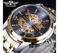 (weiß) Winner Goldenes schwarzes Diamant-Zifferblatt, skelettierter Edelstahl, wasserdicht, leuchtender