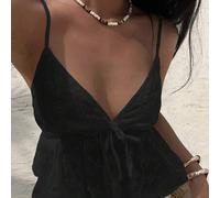 Weiße bestickerte Blumen Kragen Stoff rückenfreie Rüschen Saum Schleife Vorderseite kurzes Camisole-Top, süß & lässig, minimalistisch, elegant, vielse