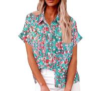 Weiße Blusen Günstig, Damen Bluse Sommer Tunika Damen Sommer 3D Drucken Kurzarm Oberteile V-Ausschnitt Button Down Hemdbluse Lässige Tunika Tops Leinen Damen Long Bluse Damen Lang(Turquoise,XL)