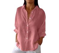 weiße leinenblusebluse Damen lang Hemd Kurzarm Einfarbig Baumwoll Leinen Revers 3/4 Ärmel Musselin Tunika damenhemden sommerhemd（Rosa, 3XL