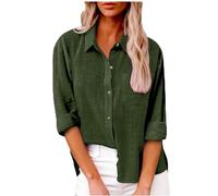 weiße leinenblusebluse Damen lang Hemd Kurzarm Einfarbig Baumwoll Leinen Revers Musselin Tunika damenhemden Shirts(Armeegrün, XL)