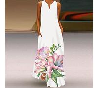 Weiße Maxikleider Für Damen - Rosa Sommerkleid Mit Farbverlaufs-Lilienblumen-Druck, Sexy Ärmelloses Langes Kleid Mit V-Ausschnitt, Sommerurlaub, Strandparty, Pulloverrock, Lässiges, Fließendes