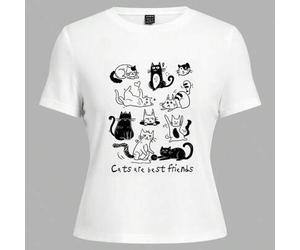 Weiße Rundhals-Slim-Fit T-Shirt für Damen mit schwarz-weiß gestreiftem Katzen- und 'Cat is best friend' Muster, geeignet für den Sommer
