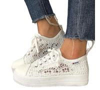 Weiße Sneaker Damen Zum Kleid, Damen Trachten Sneaker Bestickte Elegante Atmungsaktive Brautschuhe Leichte Lace Trachtenschuhe Walkingschuhe Bequeme Bequem Flache Sport Hochzeitsschuhe Sommerschuhe