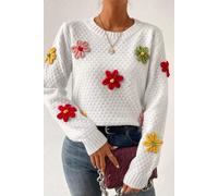 Weißer Bunter Blumen Applikation Strukturierter Strickpullover L