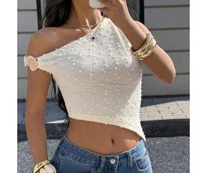 Weißes Crop Top mit Off-Shoulder Schnitt und goldener Muschelstickerei, asymmetrischer Saum, schickes weißes strukturiertes Strick-Crop-Top mit Off-Sh