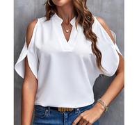 Weißes Damen-Bluse mit Cold Shoulder, V-Ausschnitt, einfarbig, Sommer, lockeres Design, Größe S-XXL