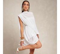 Weißes einfarbiges drapiertes Rüschen asymmetrisches transparentes Chiffon-Bandeau-Minikleid, geeignet für Dates, Hochzeitsgast-Kleider, Reise- und Ar