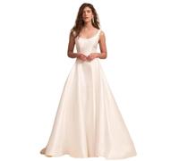 Weißes Hochzeitskleid Für Damen - Eleganter Satin-U-Kragen, Rückenfrei, Party-Cocktail-Abendkleider, Hohe Taille, Knöpfe Hinten, Straffen Die Taille, Bodenlang, Rasen, Brautkleider, Brautkleid