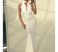 Weißes Hochzeitssaison Kleid mit drapiertem Ausschnitt, figurbetonter Meerjungfrau-Silhouette, sexy, elegant, rückenfrei, lang für Frauen