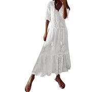 Weißes Kleid Damen Sommer Elegant Sommerkleid Damen Lang Ibiza Style Kleider Mit Öse Maxikleid Boho Sommerkleider Leicht Luftig Damenkleid Halbarm Rüschen Strandkleid Frauen Kordelausschnitt