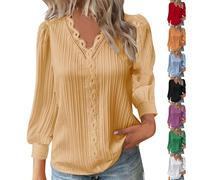 weißes Langarmshirt Damen,Women's Elegant V-Neck Long Sleeve Blouse Lace Pleated Long Sleeves Womens Tops Autumn Basic Pullover Tunic Casual Chic T-Shirt Plain Undershirt Going Out Streetwear Yellow