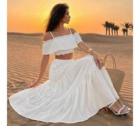 Weißes Off-Shoulder Rüschen Crop Top und Maxi Rock Set - Damen Sommer Boho Co-Ord, Hoher Bund fließender Rock, Urlaubsbekleidung, elegantes Zweiteiler
