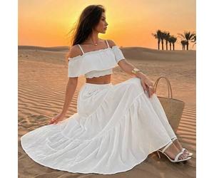 Weißes Off-Shoulder Rüschen Crop Top und Maxi Rock Set - Damen Sommer Boho Co-Ord, Hoher Bund fließender Rock, Urlaubsbekleidung, elegantes Zweiteiler