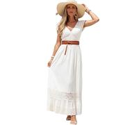Weißes Spitzen-Maxikleid Im Boho-Stil for Damen - Elegantes, Hoch Tailliertes, Fließendes Kleid Mit Stickerei Und V-Ausschnitt for Hochzeitsgäste Und Urlaub(White,2XL)
