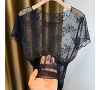 Weißes Spitzen-Unterhemd mit kurzen Ärmeln für Damen, transparentes Mesh-Blumen-Layering-Top, leichte Rundhals-Bluse für Sommerurlaub, lässig, Schwarz
