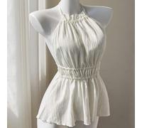 Weißes strukturiertes Stoff sexy tiefer V-Ausschnitt rückenfreies Bindeband Slim Fit Camisole Top, schick für Frühling/Sommer Urlaub, Babydoll Top